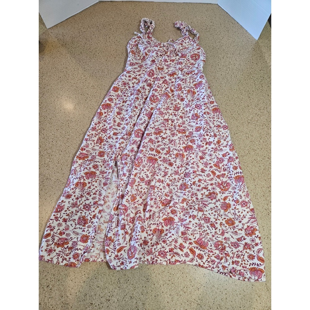 Japna Floral Midi Dress Pink Orange White Lace Up Smocked Back Slit Size M
